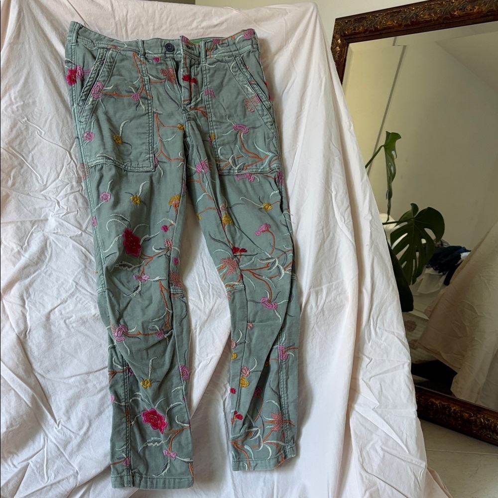 Anthropology Floral Embroidered Pants